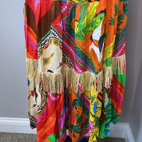 Farm Rio Anthropologie Dress Palila Tropical Printed Fringe Casual Midi Sz S NEW - Picture 14 of 16